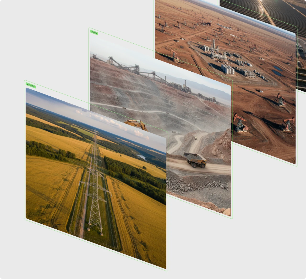 Aerial views of the sectors we operate in, tagged by industry: a transmission line through farmland, an open-pit mine, and an oil and gas field.