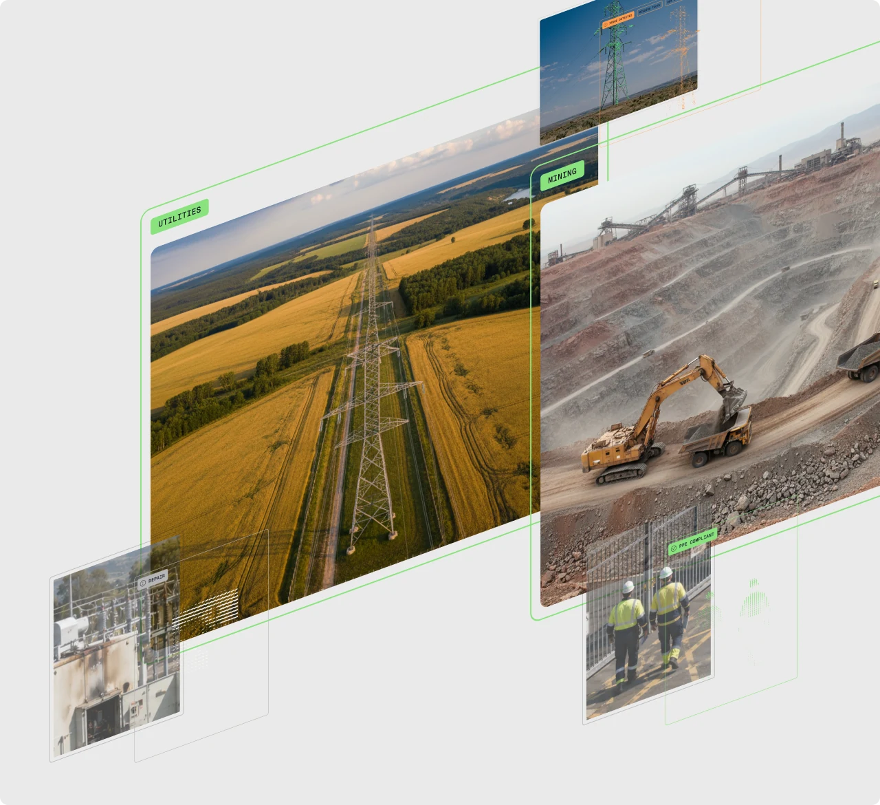 Utilities and mining deployments side by side: aerial captures of a transmission corridor and an open-pit mine, with repair and PPE-compliance detections called out.