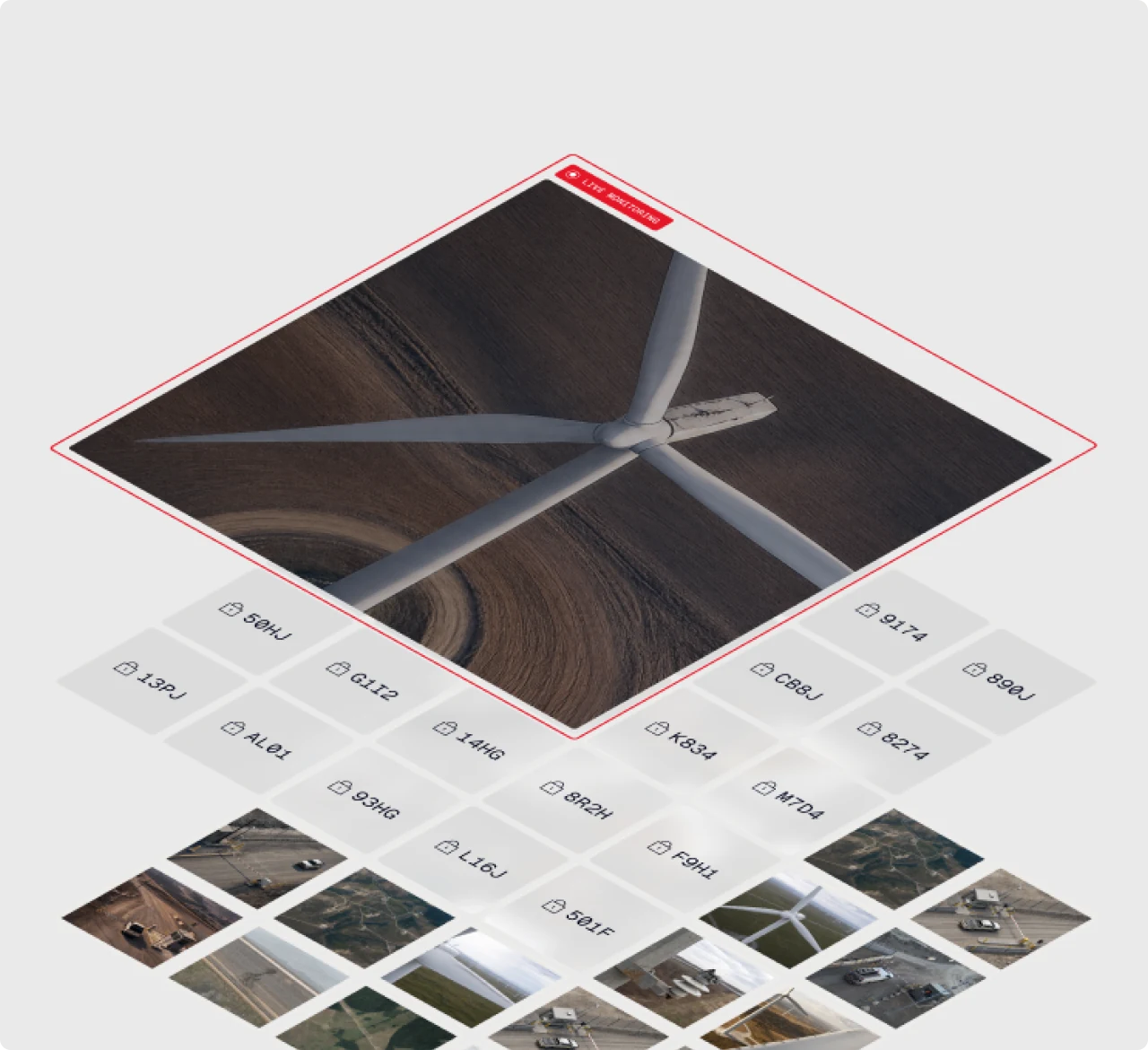 Live monitoring view of a wind turbine from above, over a grid of asset tiles representing captures across a whole portfolio.