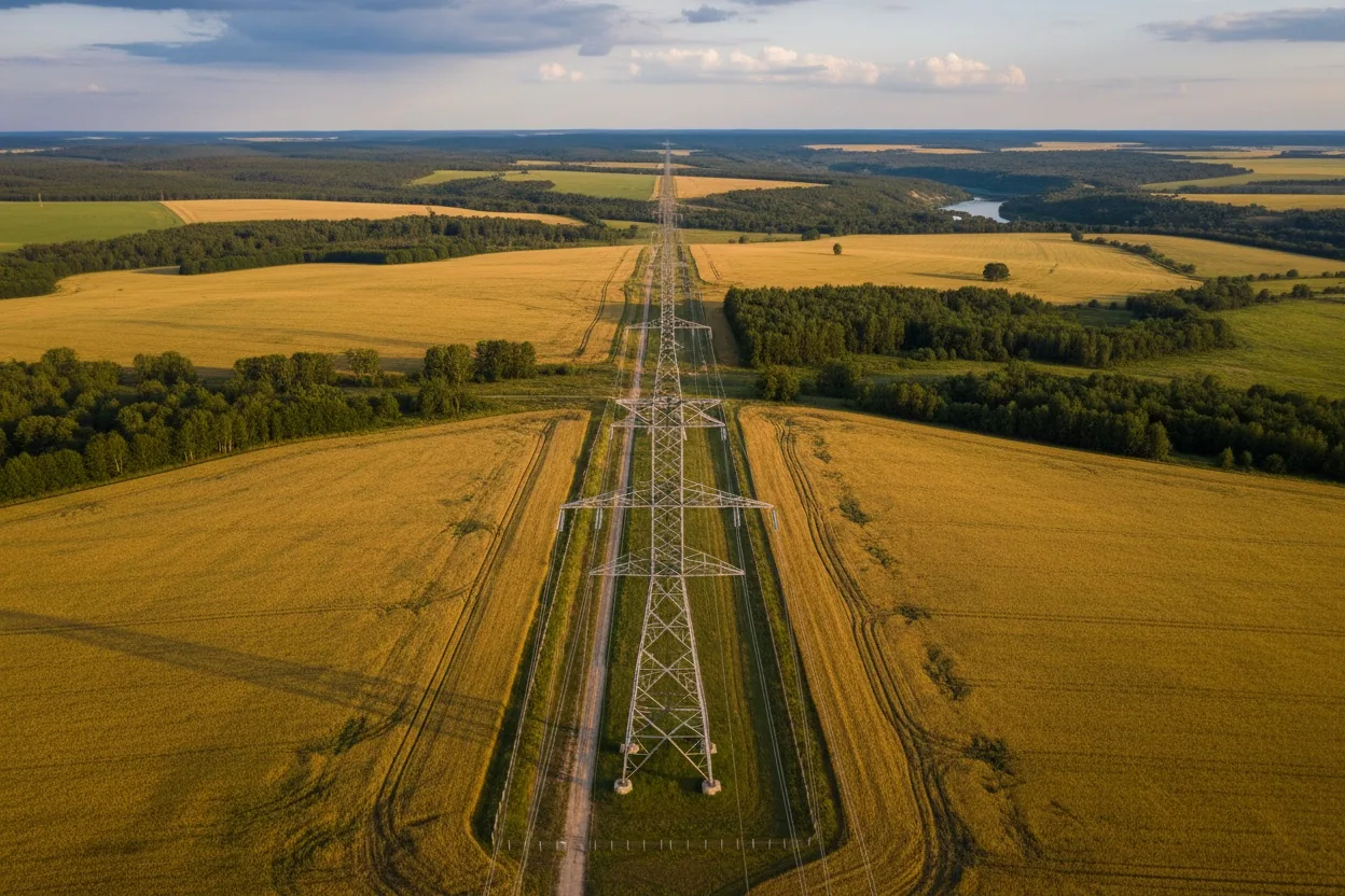 Power lines and transmission towers across farmland at golden hour.