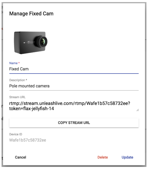Unleash Live device settings showing where to copy the secure RTMP stream URL