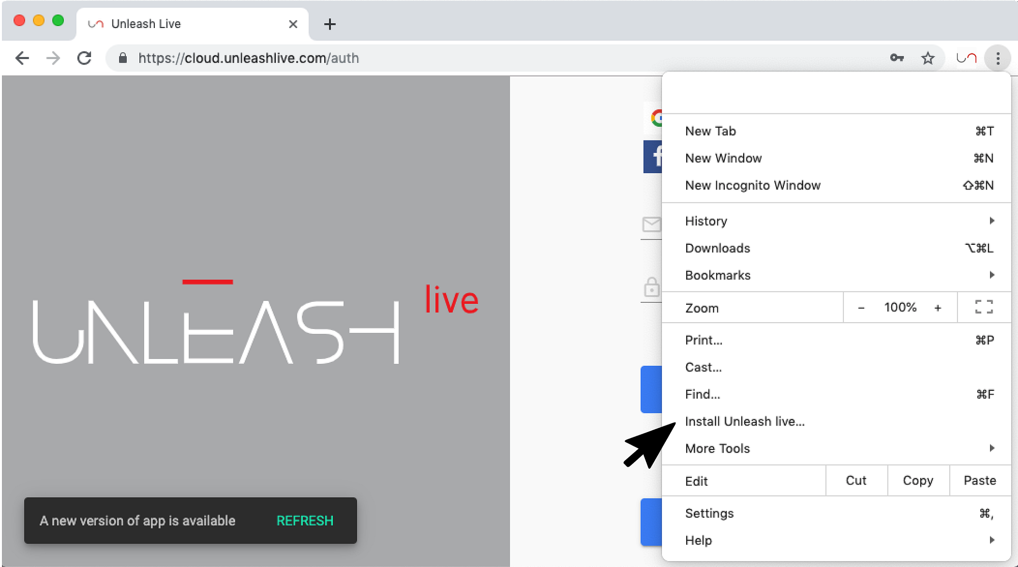 Browser installation menu for adding the Unleash Live progressive web app to a desktop