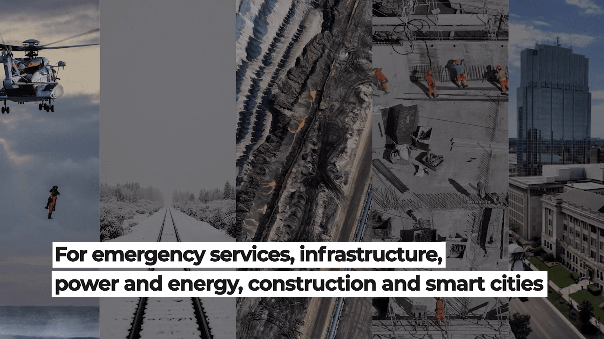 Text 'For emergency services, infrastructure, power and energy, construction and smart cities' overlaid on a dimmed backdrop of 5 different industrial computer vision use cases shown as vertical strips