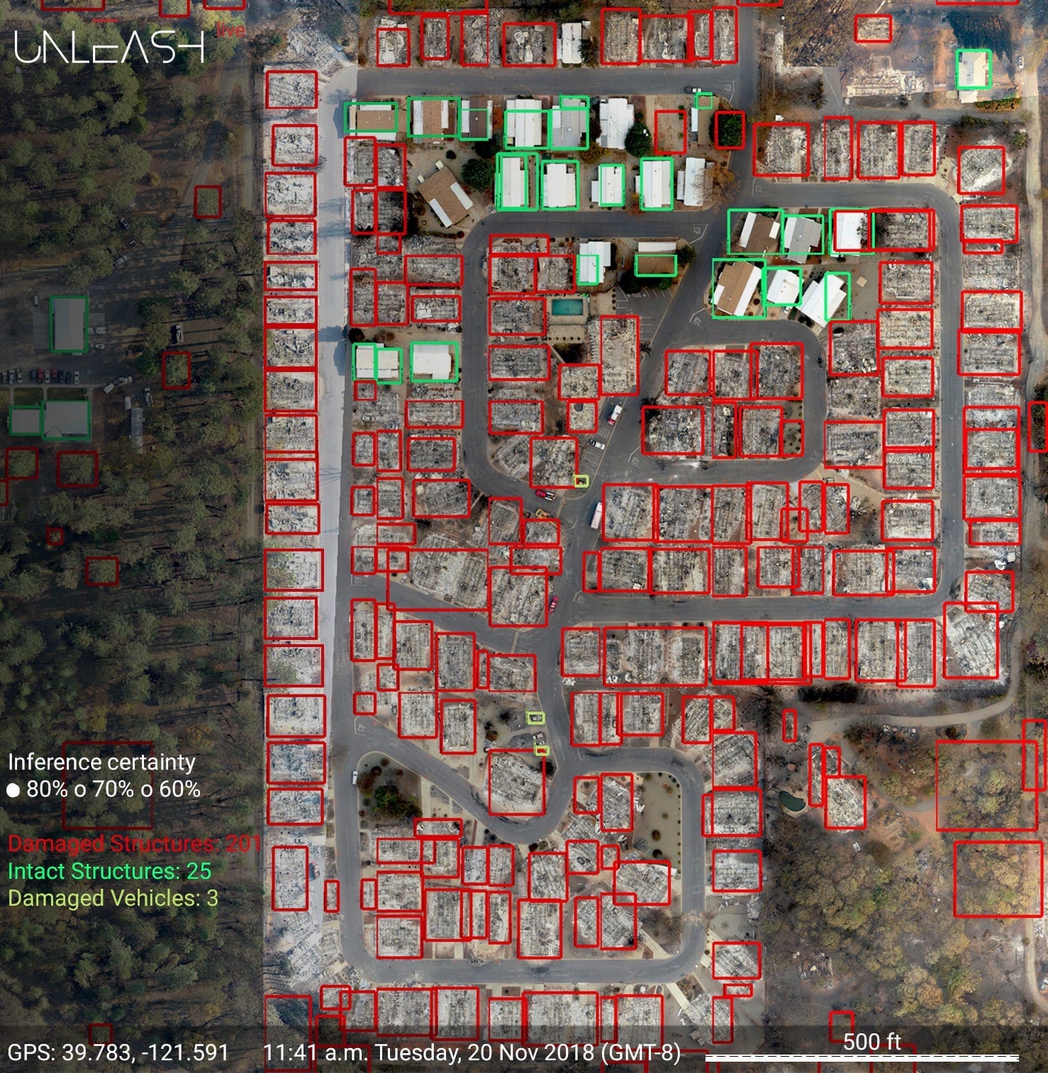 Example of wildfire damage detection showing AI results on drone imagery