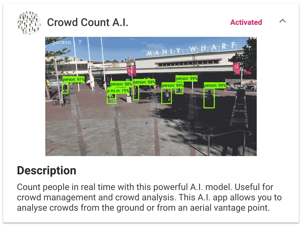 Animated crowd-counting demonstration tracking people in a public space