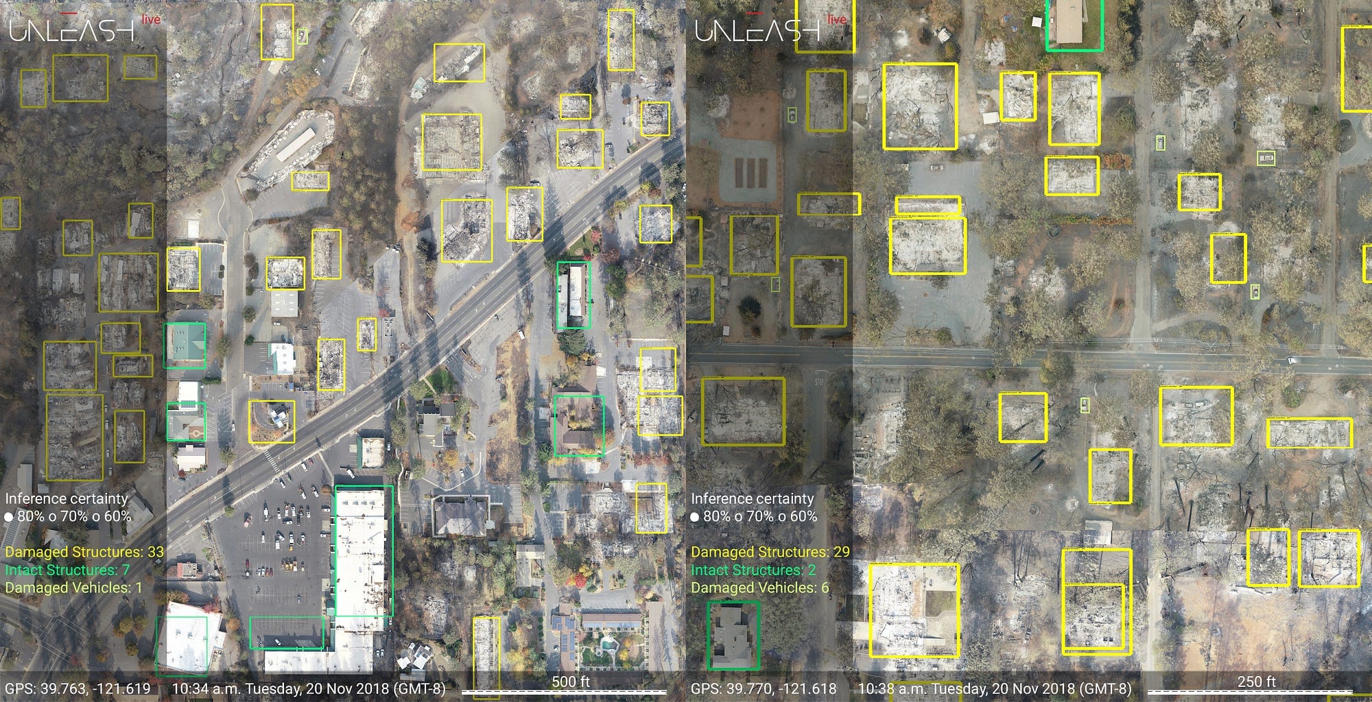 Unleash Live's first-pass AI fire-damage detections plotted over Camp Fire aerial imagery