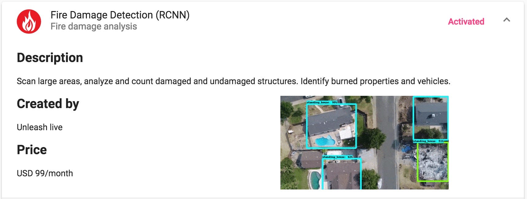 Unleash Live interface shows the AI App for fire Damage Detection