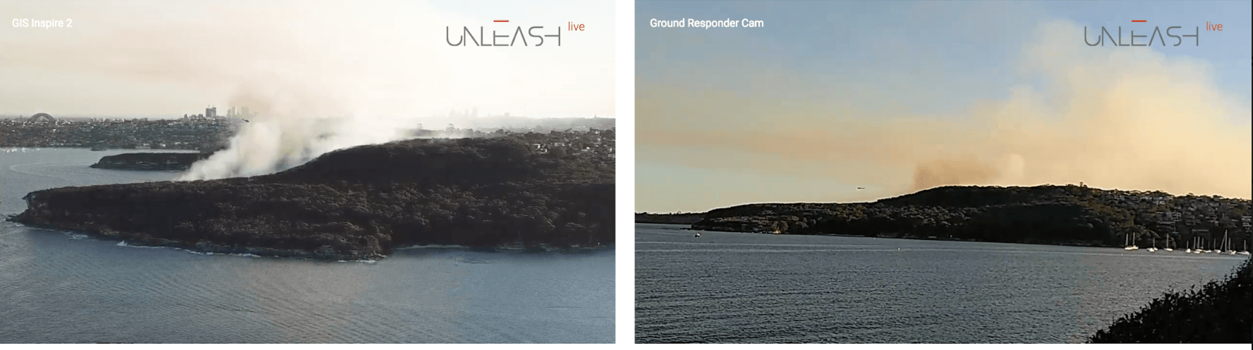 Side-by-side aerial drone and ground-responder views of a Sydney hazard-reduction burn