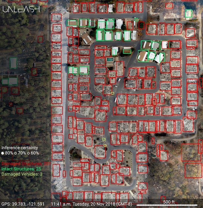 Highlighting the location of intact vs damaged structures in a geospatial context