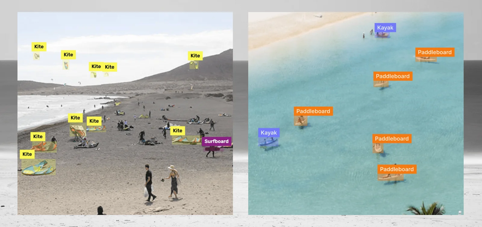 Watercraft Detection AI App identifying kitesurfing, kayaking and paddle-boarding