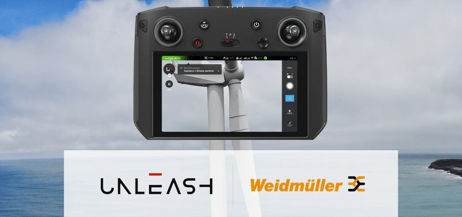 An image of Unleash Live's Autofly software running on a drone controller, imposed over the real-life view of a wind turbine blade that it is capturing for automated inspection. Below this, the logos for Unleash and Weidmuller are featured.
