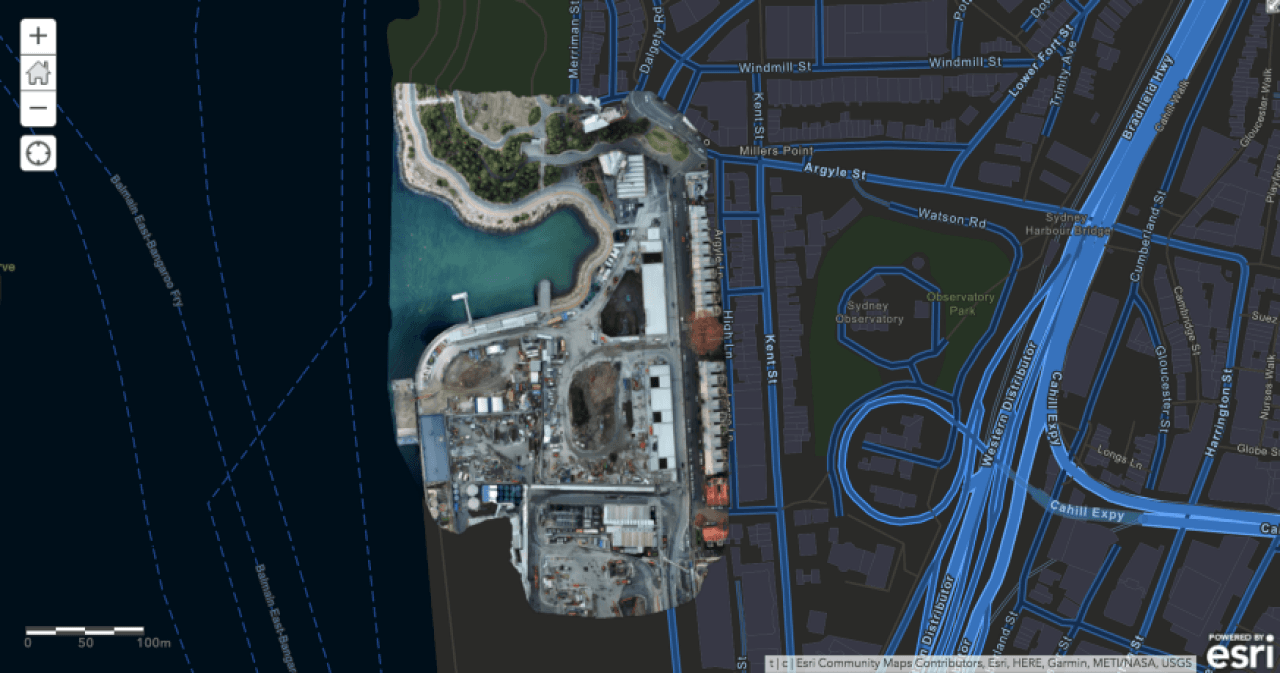 Orthomosaic of development at Barangaroo, Sydney, displayed over a dark infrastructure map