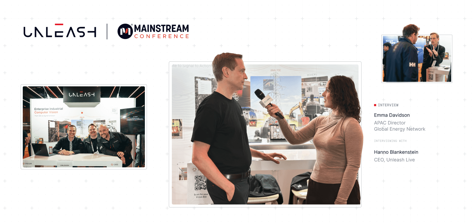 Two days of conversations at the Unleash Live stand, including one on camera with Hanno Blankenstein. [alt="Hanno Blankenstein interviewed on camera at the Unleash Live stand, with team photographs and an interview card"]