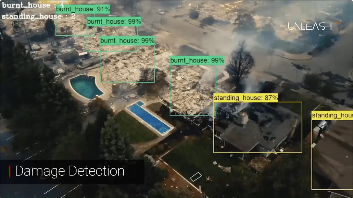 Fire damage AI identifying burnt and standing houses at Camp Fire, Paradise, CA