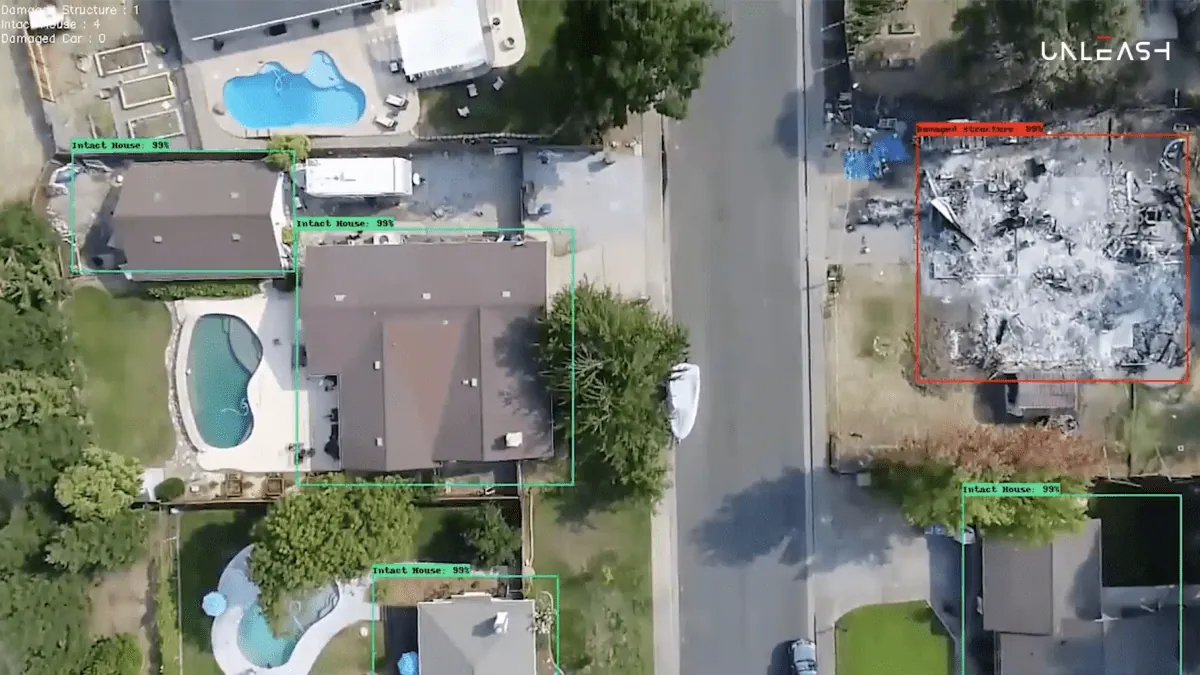 Fire damage AI identifying burnt and standing houses at Camp Fire, Paradise, CA