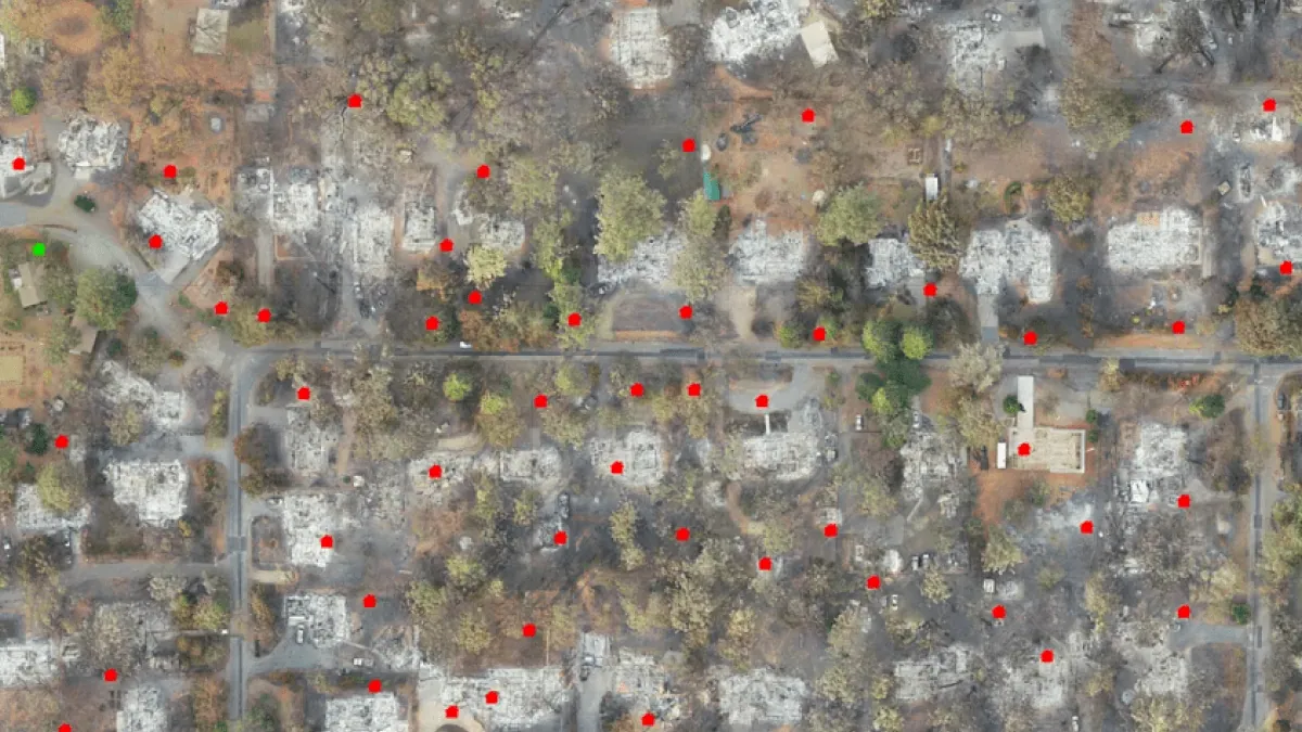 Fire damage AI identifying burnt and standing houses at Camp Fire, Paradise, CA