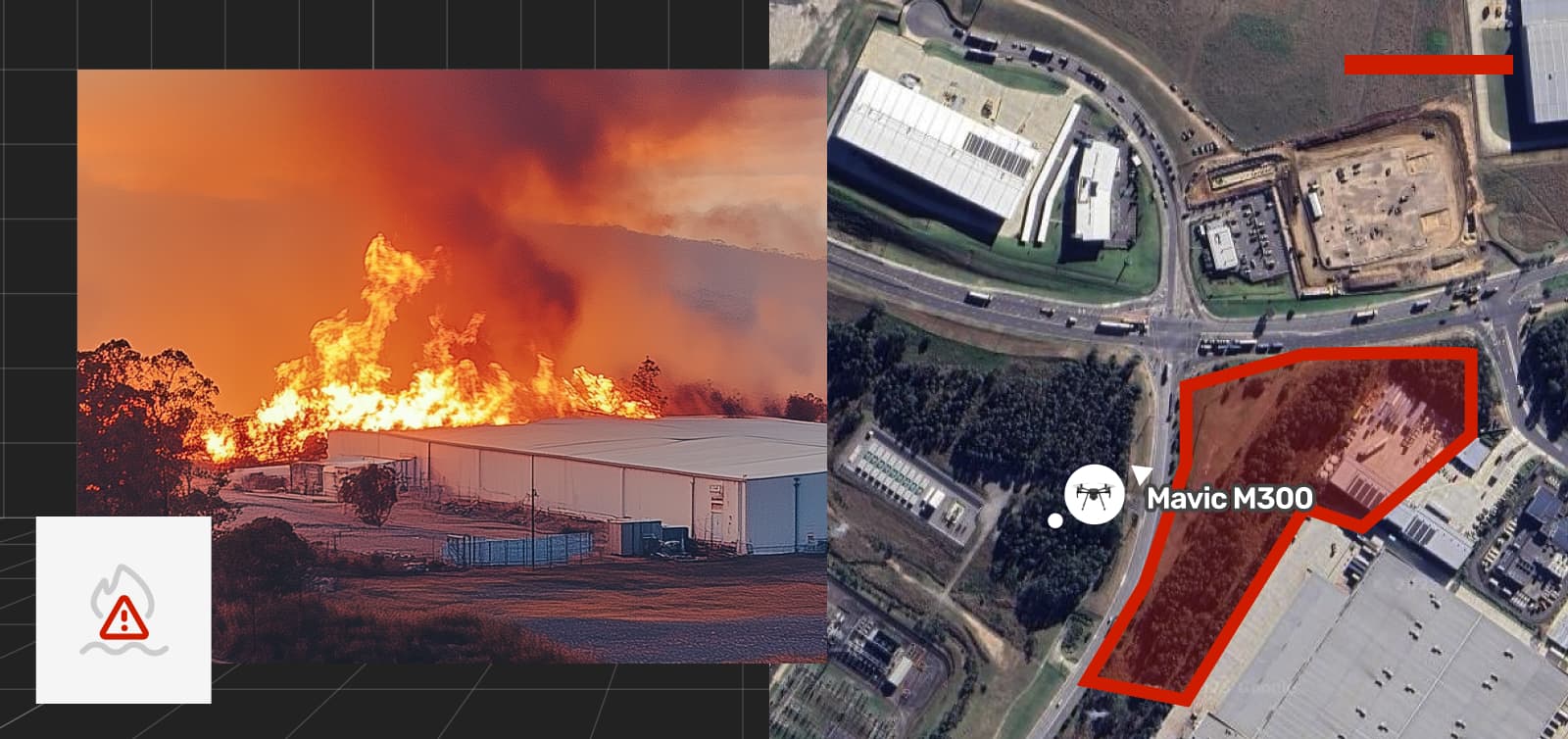 A live stream from a drone showing a fire at a warehouse overlaps a map view from Unleash Live, with the position and direction of the drone shown on a map along with an area that has been highlighted as a fire zone. At the bottom left is an icon of a flame indicating the post's relevance to the emergency services industry