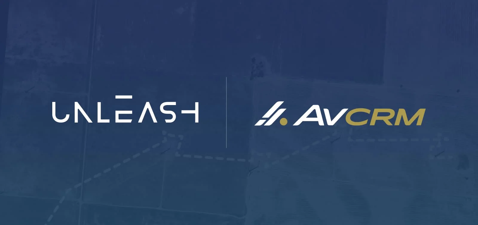 Unleash Live and AVCRM logos, overlaid over a monotone blue image of a map