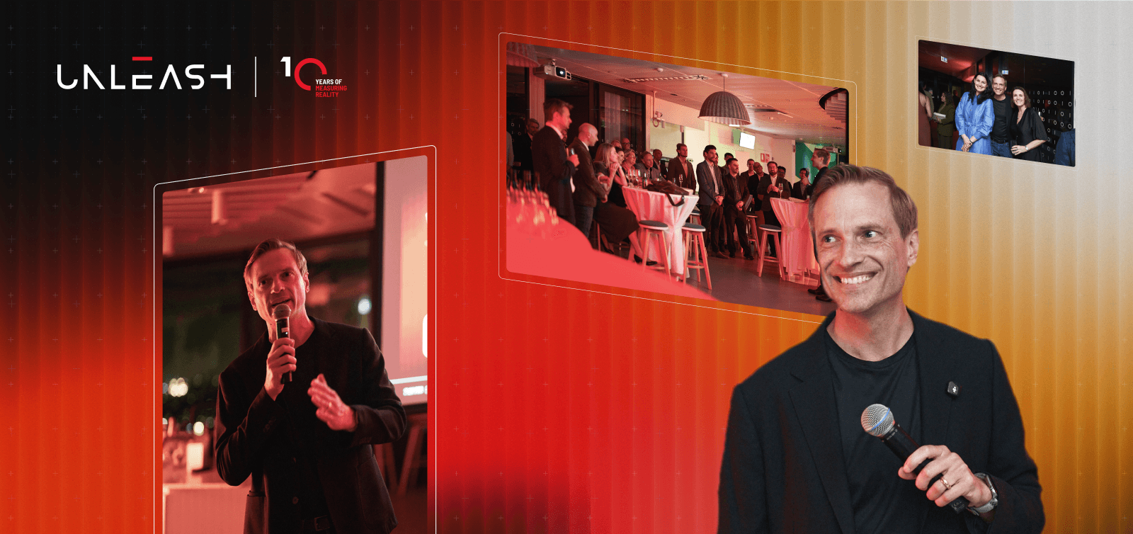 Ten years of Unleash Live, with the team and guests. [alt="Collage of Hanno Blankenstein speaking and guests at the 10th anniversary event"]