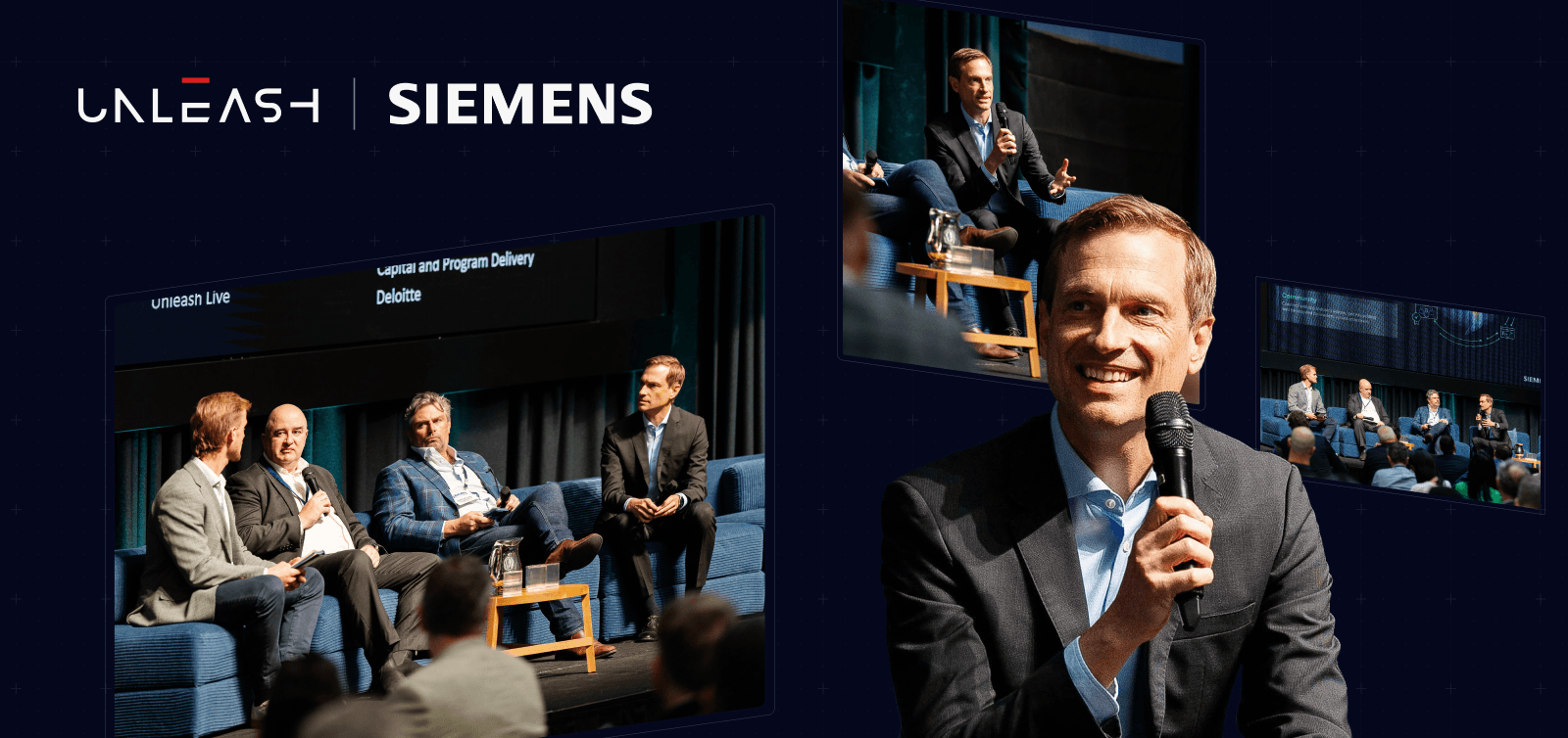 Hanno Blankenstein on the panel with Siemens and Deloitte, Melbourne. [alt="Photographs from the Siemens Ignite panel, with Hanno Blankenstein speaking"]
