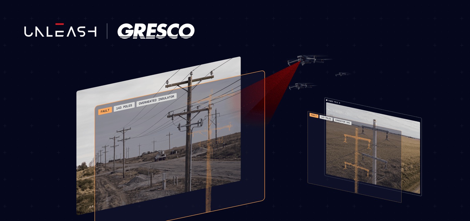 Equipment and analysis under one partnership. [alt="Partnership feature graphic reading 'From drone fleet to inspection results', with a rising curve motif"]