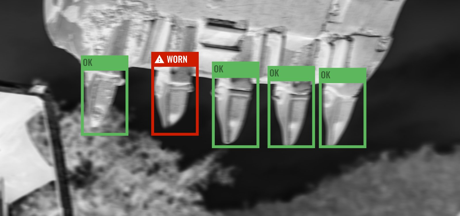 An excavator-mounted camera automatically monitors worn teeth on Ground Engaging Tools (GET), poewred by Unleash live's AI Apps