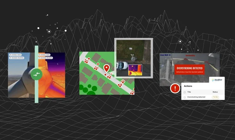 A montage of Unleash Live's new image comparison tool in Media Drive, a map overlaid with RGB and thermal imagery showing Unleash Live's asset grouping features, and overstocking AI App to feed SafetyCulture's iAuditor integration with Unleash Live. 