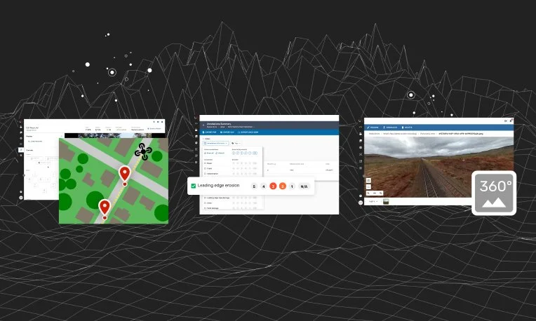 A montage of markers on a map being added by Autofly's real-time Pin Drop feature, advanced reporting with severity and fault filtering capabilities, and a railway track with 360 degree icon overlay, highlighting Unleash Live's panoramic image support.