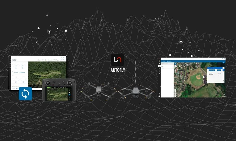 A montage of a layer being sync'ed between Remote Cockpit in Unleash Live and Autofly on a DJI controller, images of newly-supported Mavic 3 and M30 drones, and ability to import missions in JSON and KML format in the Fusion Atlas interface. 
