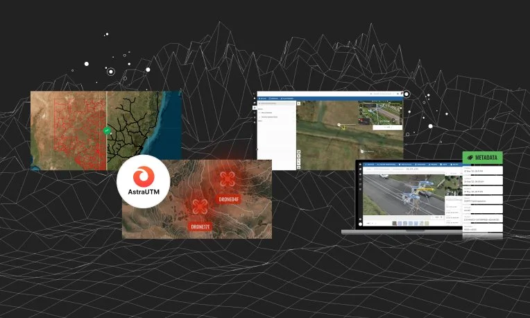 A montage of AstraUTM integration overlaid on a map highlighting compliance issues, advanced metadata in Media Drive's image viewer, and live streams showing alongside the main map on Fusion Atlas