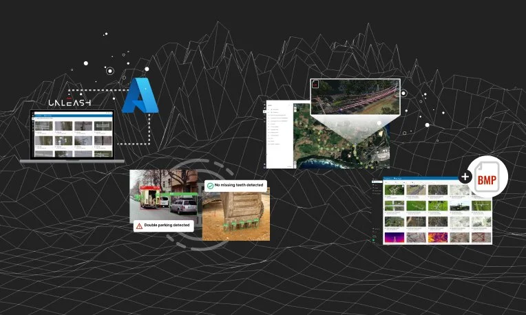A montage of Azure sync for Media Drive, AI Apps for detecting double parking and missing excavator teeth with computer vision, bitmap support in Media Drive for older streaming cameras and capture devices, and improved LAS and LSZ file support in Fusion Atlas and Media Drive