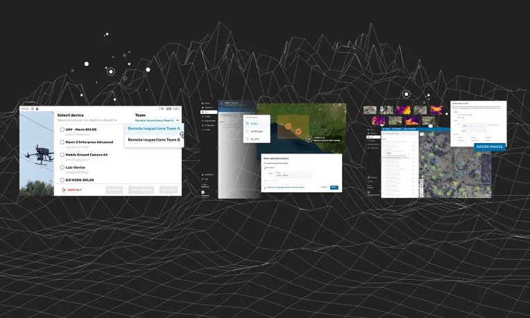 A montage of a UI for switching teams in Autofly, marker selection in Fusion Atlas, and an asset grouping function allowing users to better organize their media around their assets
