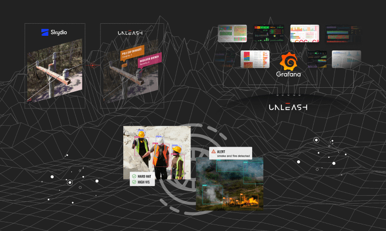 A montage of Skydio integration for Unleash Live for computer vision, Grafana integration for dashboards and visualising insights, and mining safety AI Apps for hard hat detection, high-vis jacket detection and detecting smoke and fire