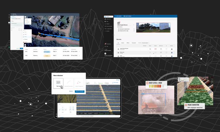 Montage of Jobs & Tasks, mission planning, wide angle streaming in Unleash Live and AI Apps for dust levels and conveyor belt slippage on mine sits. 