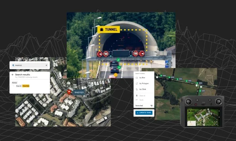 Montage of detailed metadata search results in Unleash Live's Fusion Atlas, as well as multiple asset selection modes in Unleash Live's task planning, and an overheight vehicle detection AI App