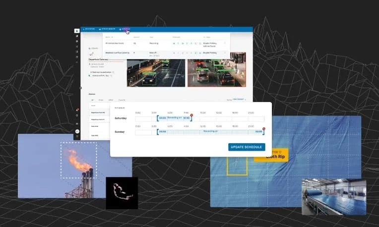 Montage of AI Apps for flaring exhausts and cloth rips for mining and manufacturing environments, as well as a stream scheduling interface in Unleash Live