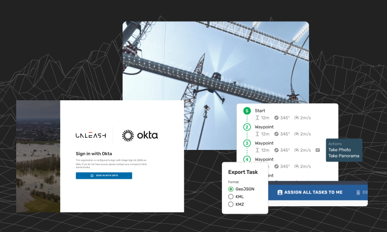 Montage of an Unleash Live login page supporting Okta, DJI drone with sense and avoid scanning, waypoint actions for a mission planning interface, and an option to Export Tasks