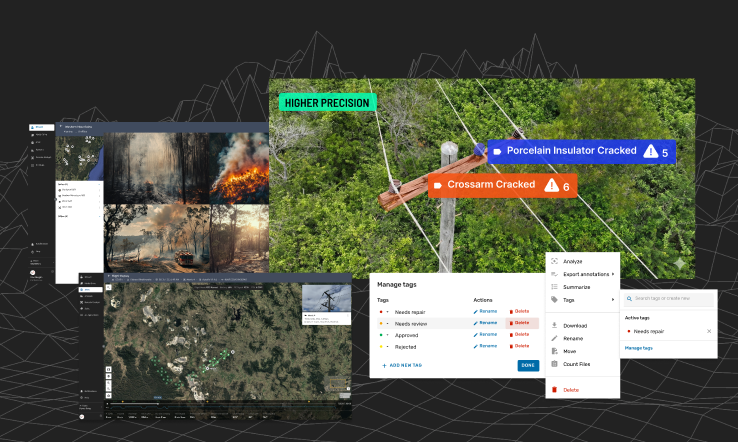 Montage of a power pole with defects labelled, tag management UI, and flight log replays and streaming in Unleash Live