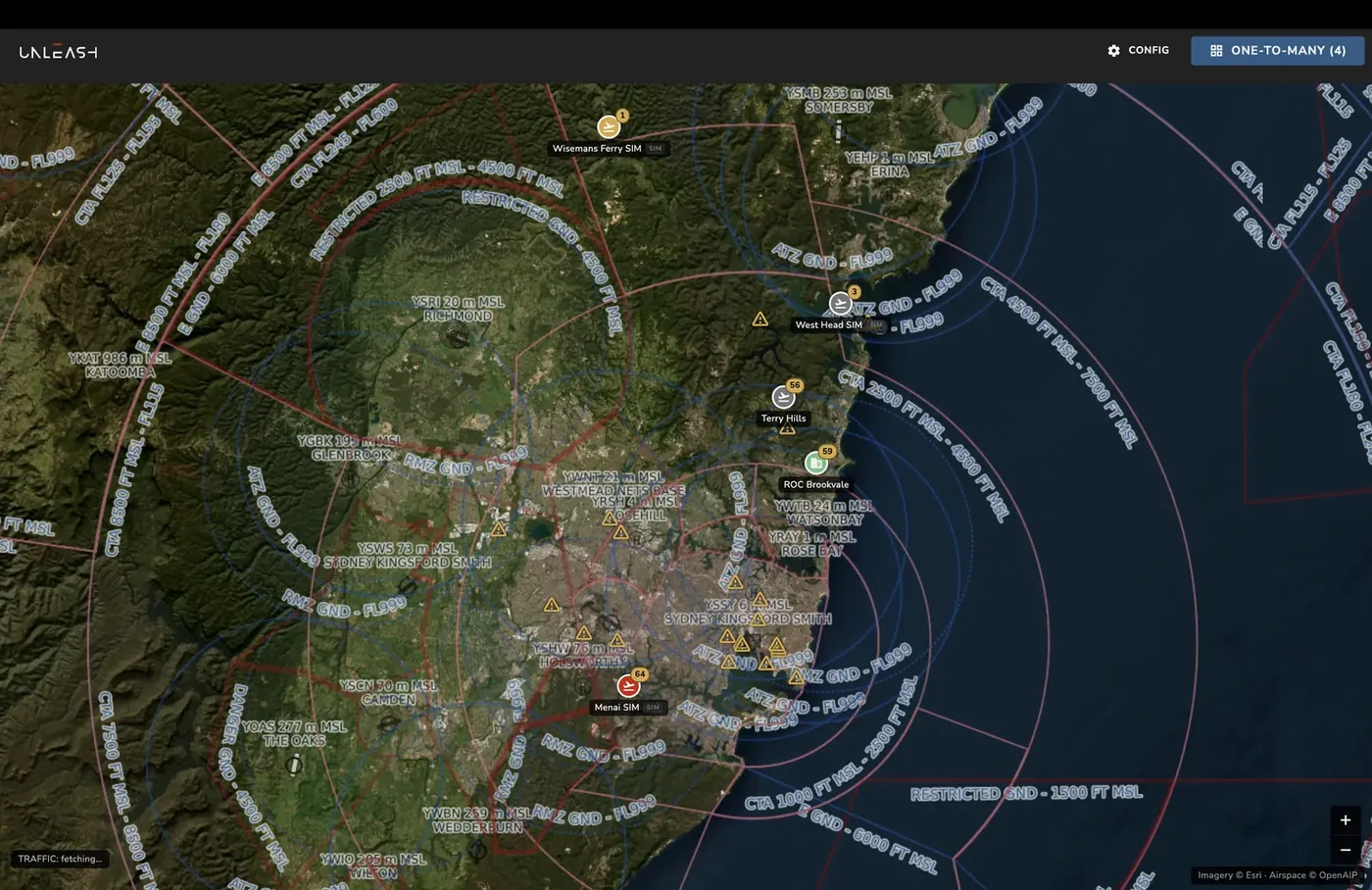 Airspace map showing dock locations, controlled airspace and traffic across the Sydney basin