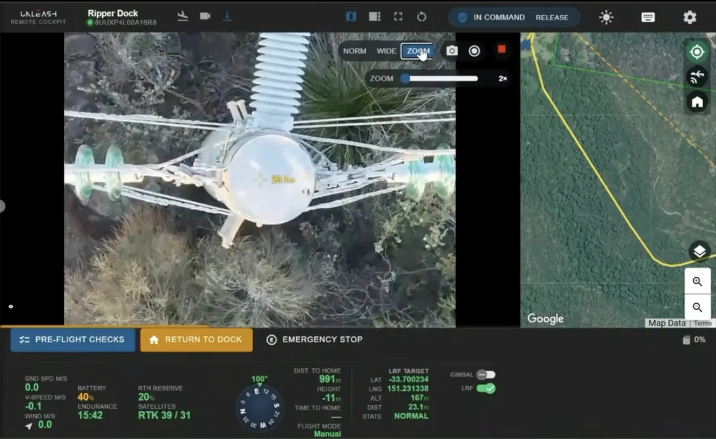 AutoDock Remote Cockpit showing a zoomed live view of a pole-top insulator, with the mission map alongside