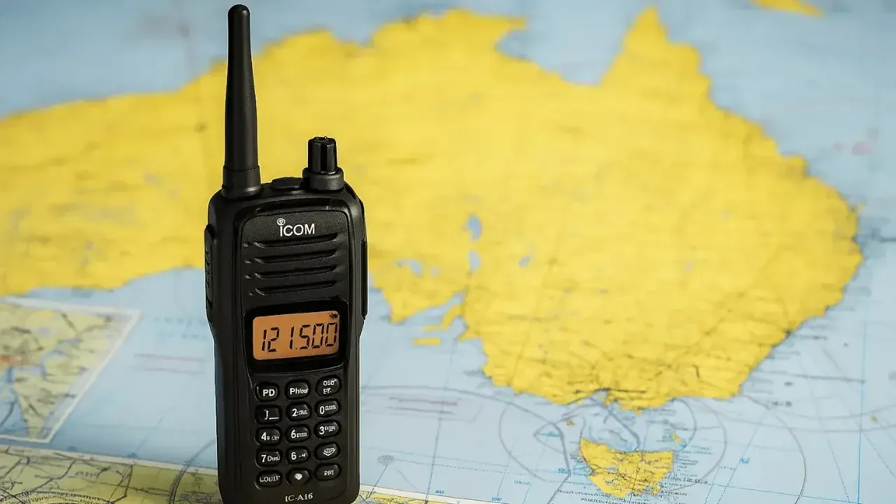 An Icom airband handheld tuned to 121.500 standing on an aeronautical chart of Australia