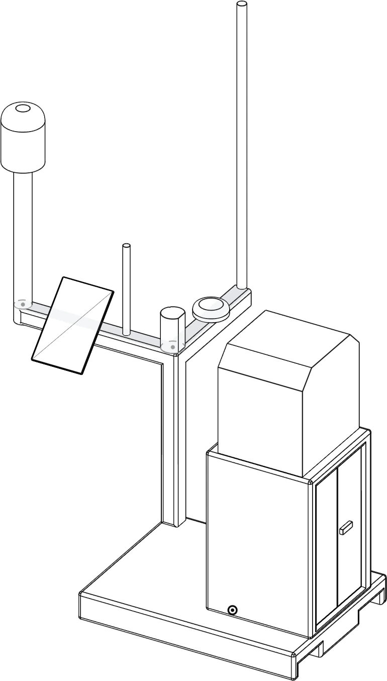 Isometric drawing of the AutoDock station on its transport skid, showing the dock enclosure, equipment cabinet, mast, PTZ camera, Starlink, weather station and antennas.