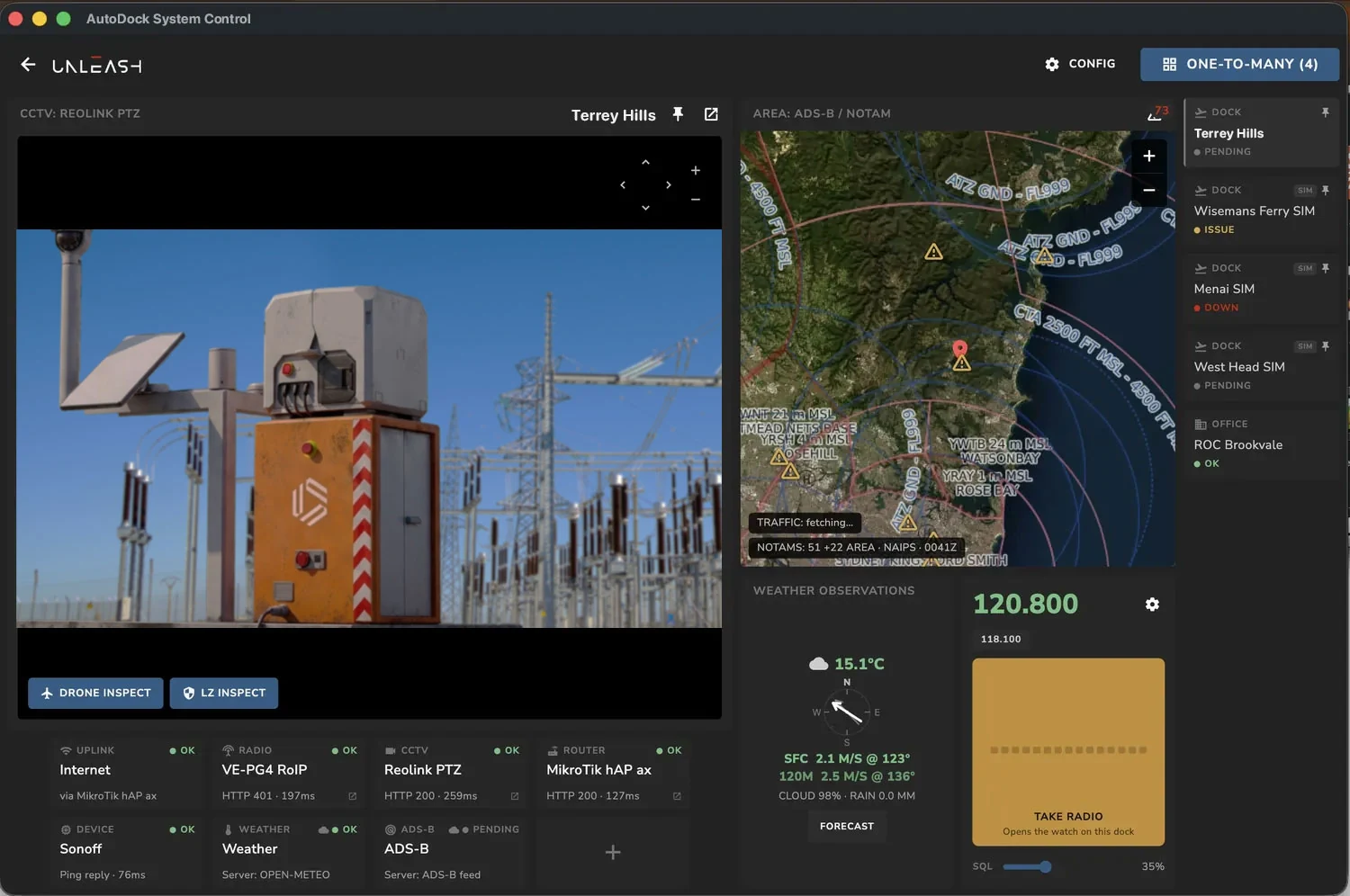AutoDock System Control Software showing station health, the PTZ view of the dock, airspace and weather across four sites