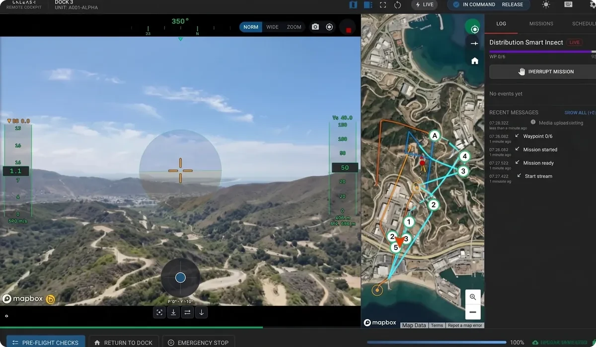 AutoDock Remote Cockpit showing live drone video, flight instrumentation and the mission map