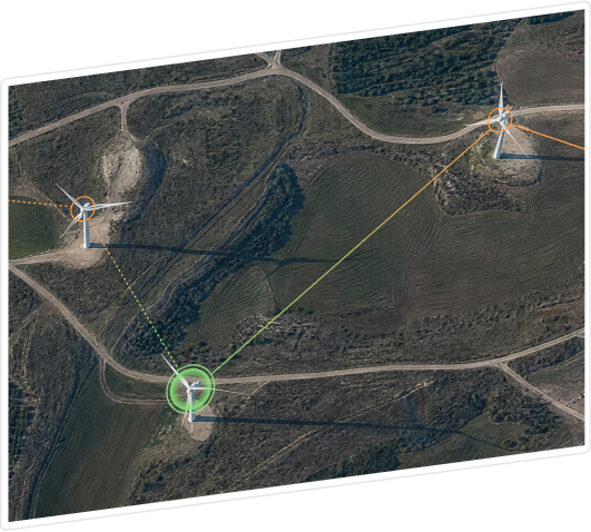 Wind turbines at a wind farm, with a path highlighted between them