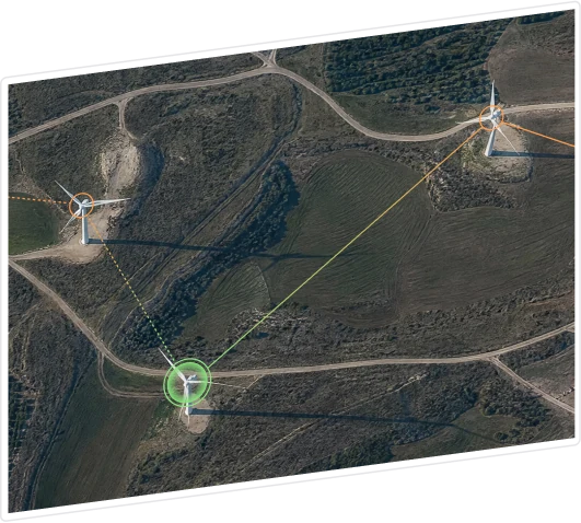 Wind turbines at a wind farm, with a path highlighted between them