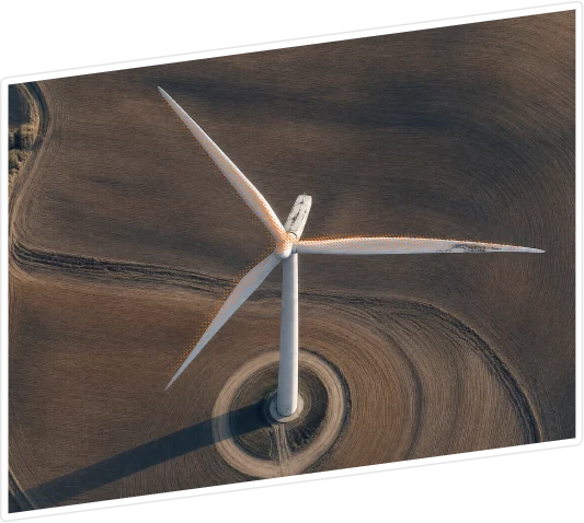 Single wind turbine with an orange dashed pattern overlaid on the blades indicating analysis