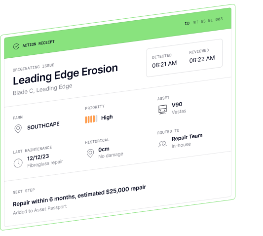 Action receipt detailing the asset history, extent and cost of damage, and next steps