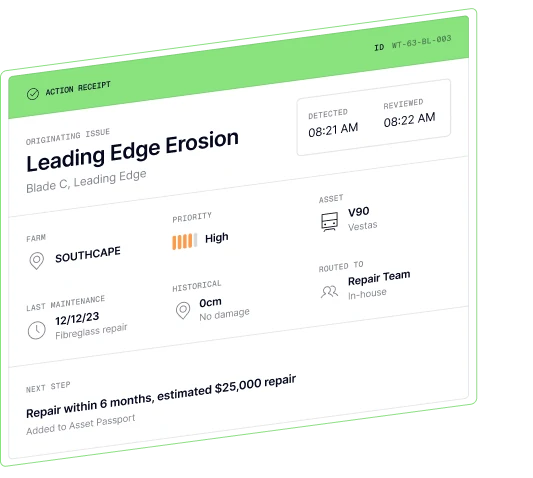 Action receipt detailing the asset history, extent and cost of damage, and next steps