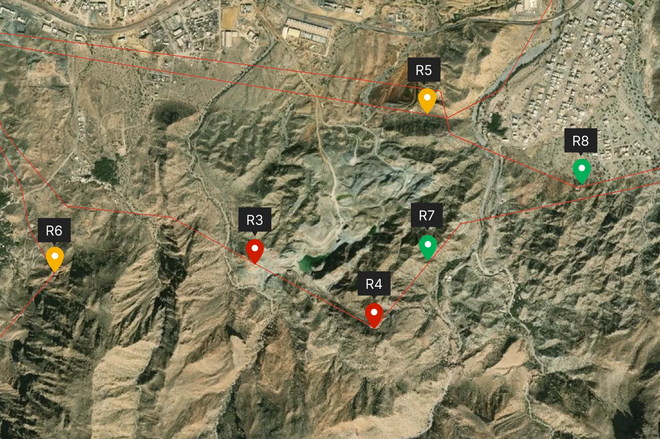 A map with various transmission towers marked with different status marker in red, green and yellow